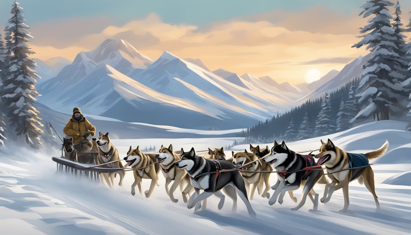 A pack of sled dogs pulling a hunter through a snowy Alaskan landscape, with mountains in the background and game species like caribou or moose in the distance