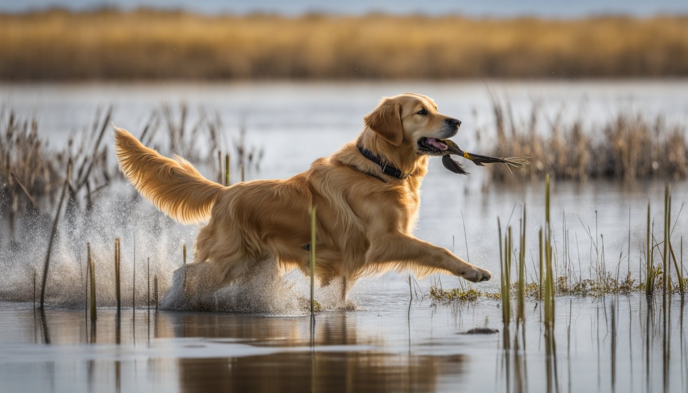 A golden retriever retrieves a duck from a marsh in North Dakota during gun dog training