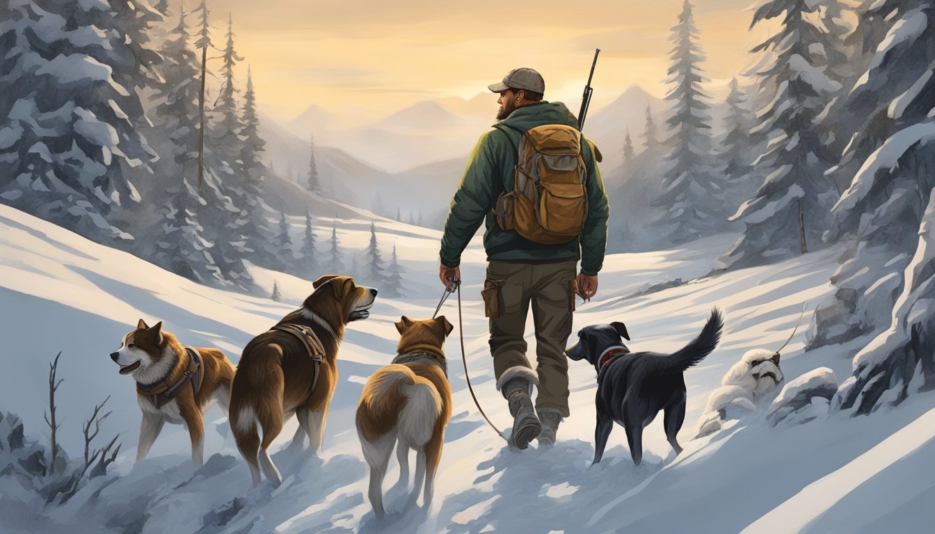 A hunter with dogs tracking prey in the Alaskan wilderness