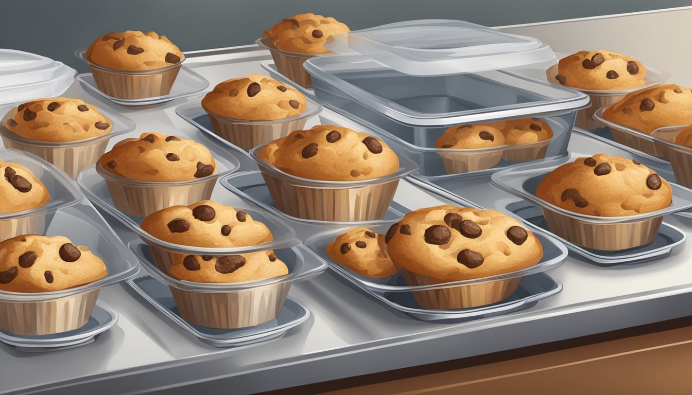 A kitchen counter with a tray of freshly baked muffins, some wrapped in plastic for freezing, and others displayed for immediate consumption