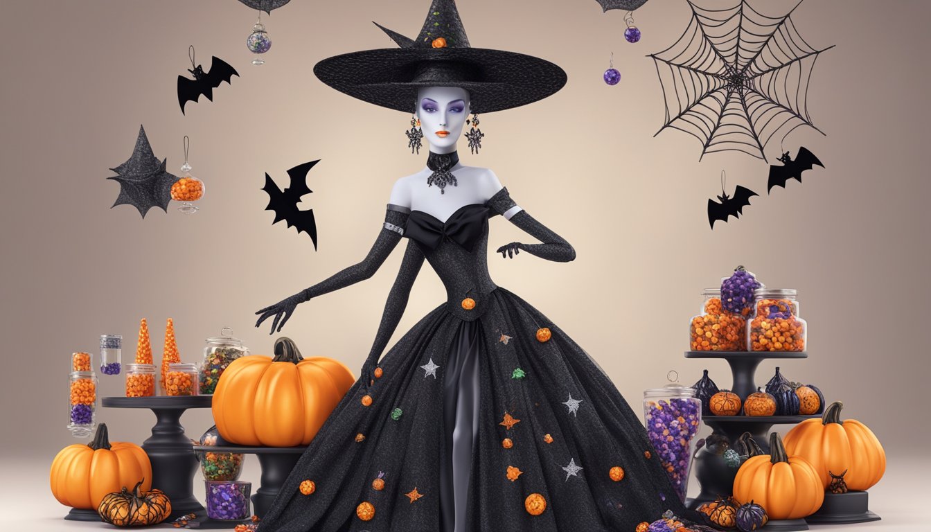 A stylish mannequin wearing a witch hat and a dress made of candy wrappers, surrounded by wearable Halloween-themed accessories like pumpkin earrings and spiderweb stockings