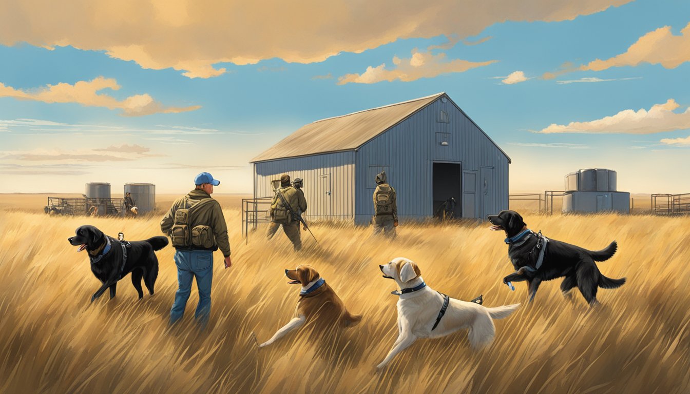 A spacious North Dakota kennel with multiple gun dog trainers working with eager retrievers in a field, surrounded by rolling plains and a clear blue sky