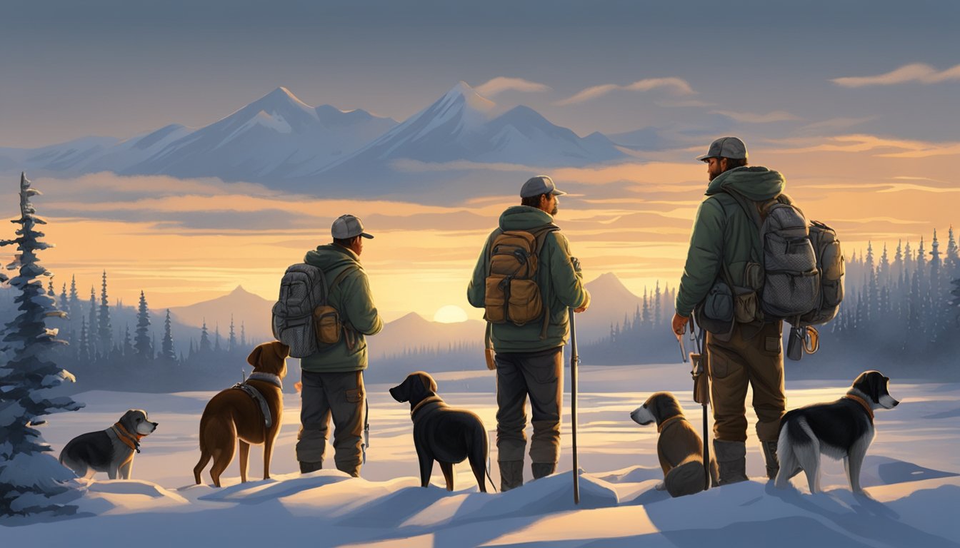 A group of hunters and their dogs gather at dawn in the Alaskan wilderness, preparing for a hunt. The dogs eagerly sniff the crisp air as the hunters check their gear