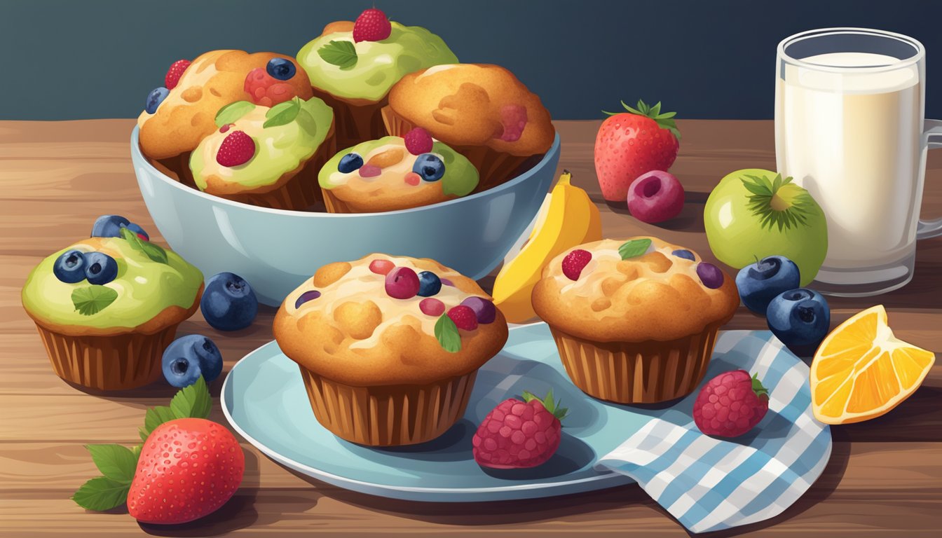 A colorful array of freshly baked muffins arranged on a wooden breakfast table, surrounded by a glass of milk and a bowl of mixed fruits