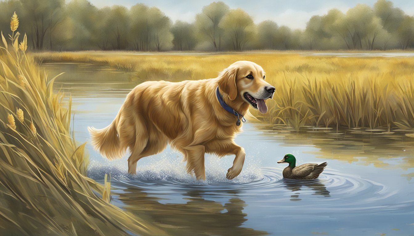 A golden retriever retrieves a duck from a pond during a field trial in North Dakota