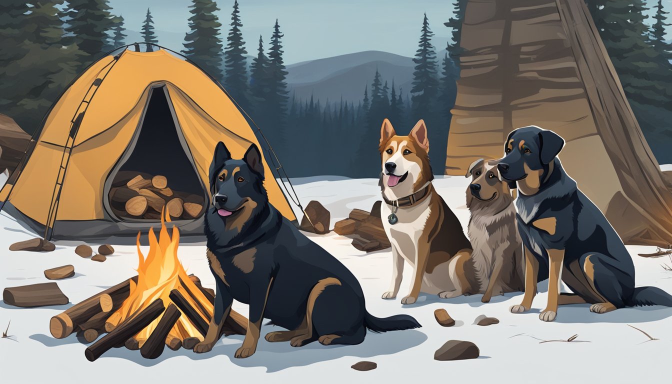 Dogs resting by a campfire, surrounded by the remnants of a successful hunting trip in the Alaskan wilderness