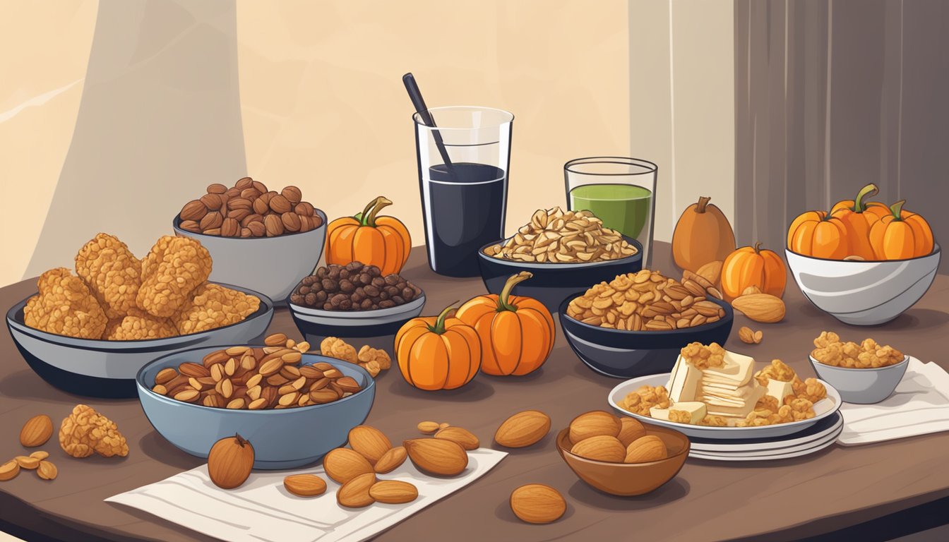 A table with healthy snacks like fruit, nuts, and granola bars, displayed alongside Halloween decorations