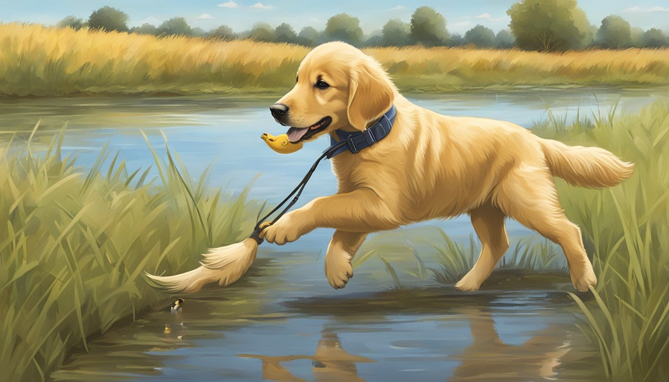 A golden retriever puppy learning to retrieve a duck in a field with a trainer in North Dakota