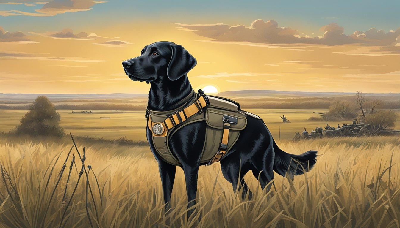 A hunting dog with a vest and training collar stands in a field, surrounded by various gun dog equipment and accessories. The North Dakota landscape is visible in the background