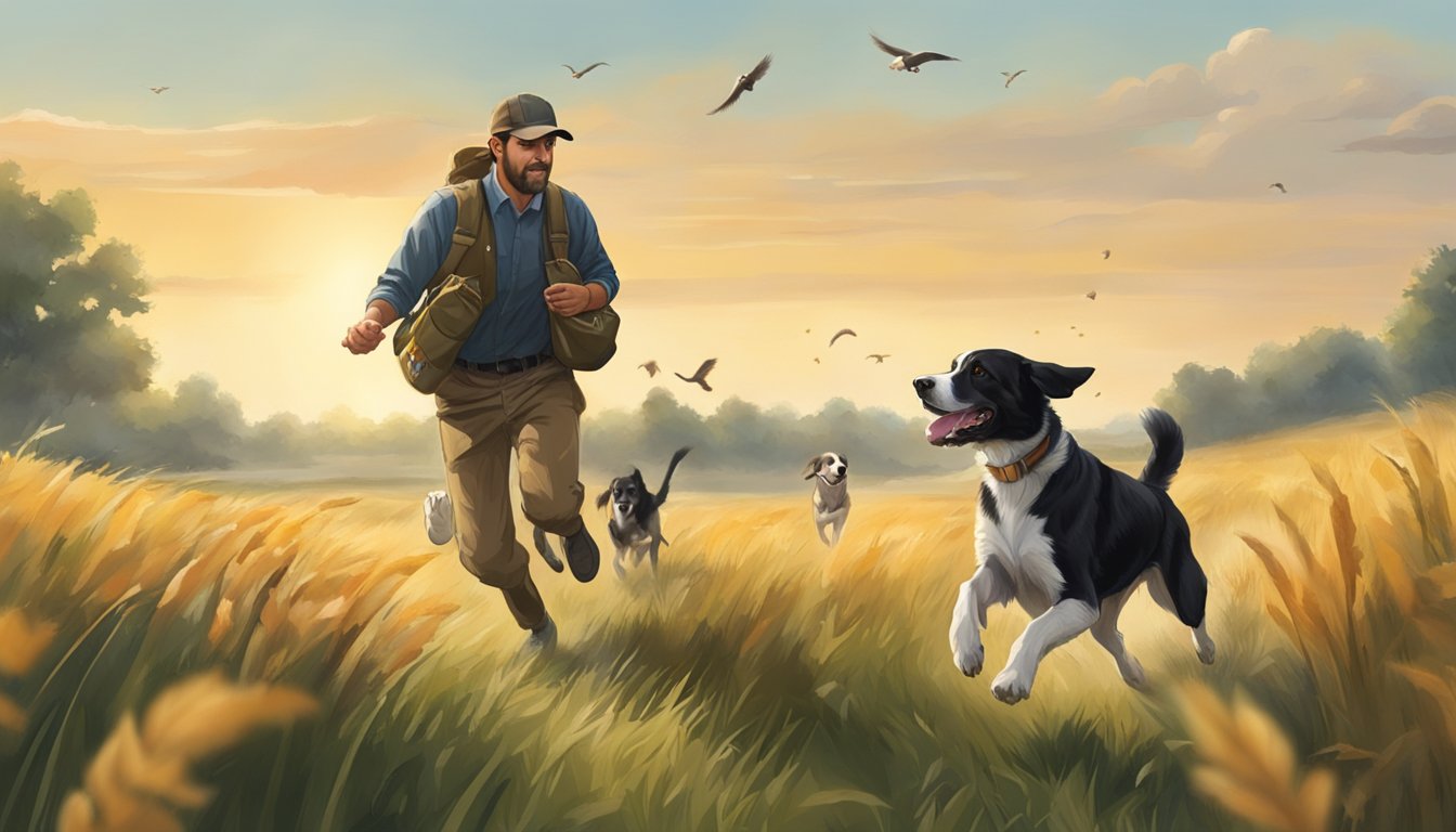 A hunting dog running through a field, retrieving a bird, with a trainer holding a bag of dog food in the background