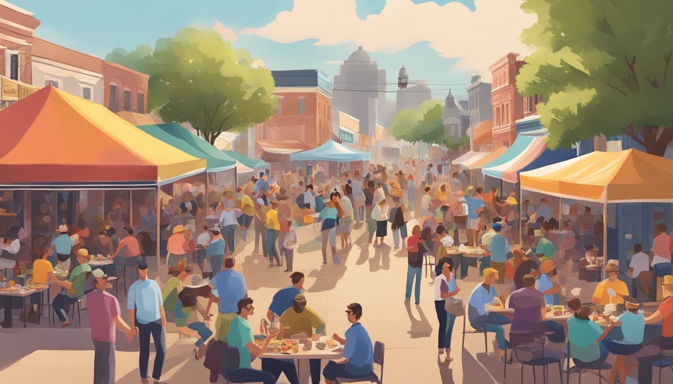 A colorful food festival in a bustling Texas town, with live music, BBQ smoke, and people enjoying local cuisine at outdoor tables