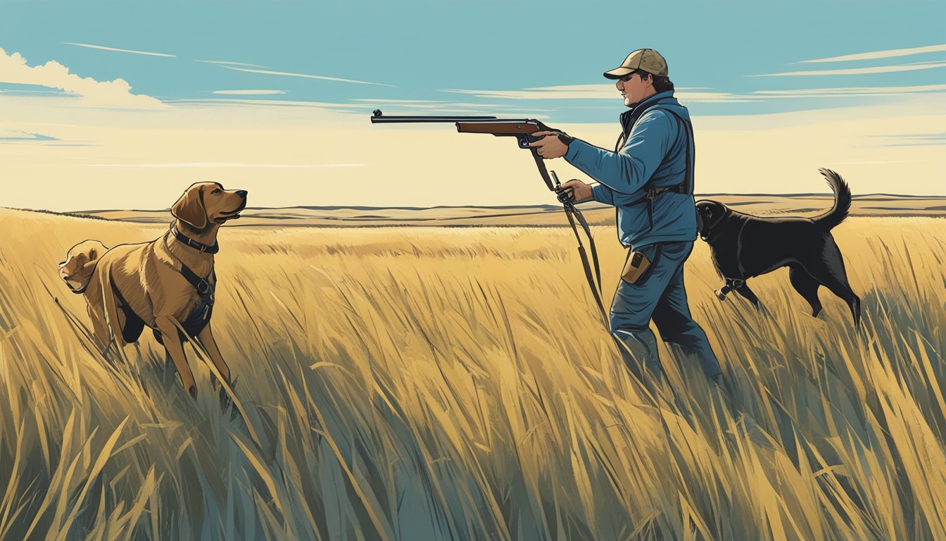 A gun dog trainer in North Dakota guides a retriever through a field, surrounded by tall grass and a clear blue sky