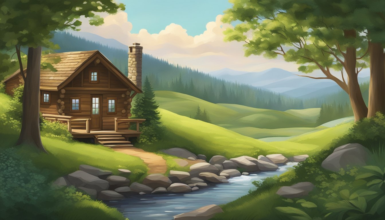 Lush green hills, a flowing river, and a cozy cabin nestled in the woods, with a table set for a gourmet meal