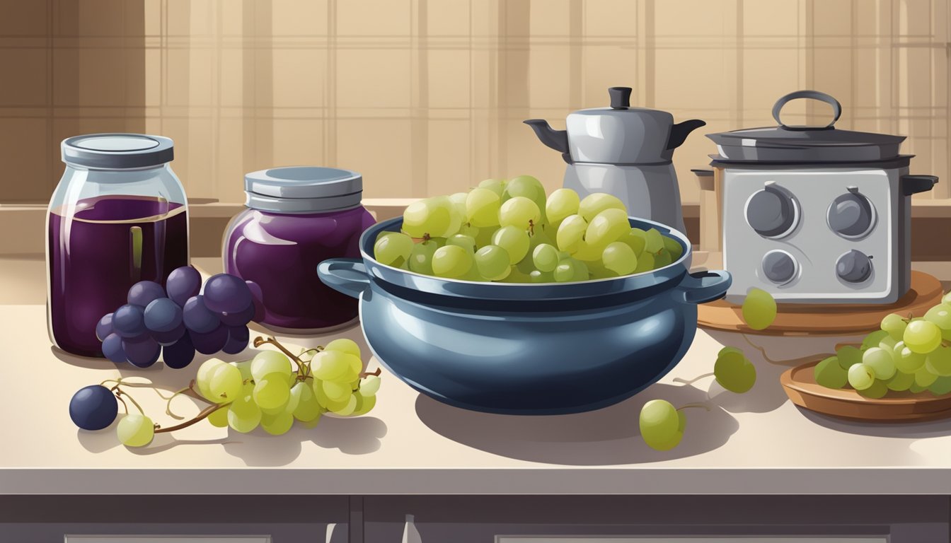 A bowl of ripe grapes, a pot on a stove, and jars of homemade jam on a kitchen counter