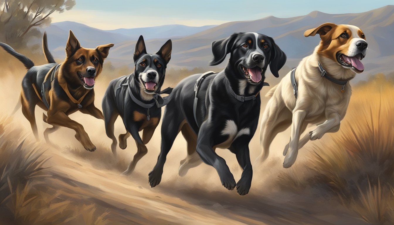 Hunting dogs running through California terrain, alert and focused on their prey