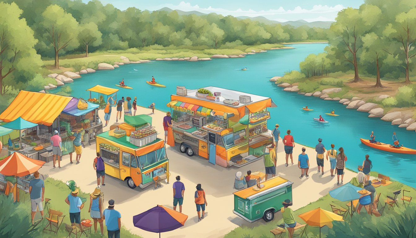 A colorful food truck festival surrounded by hiking trails and kayaking rivers in the Texas Hill Country