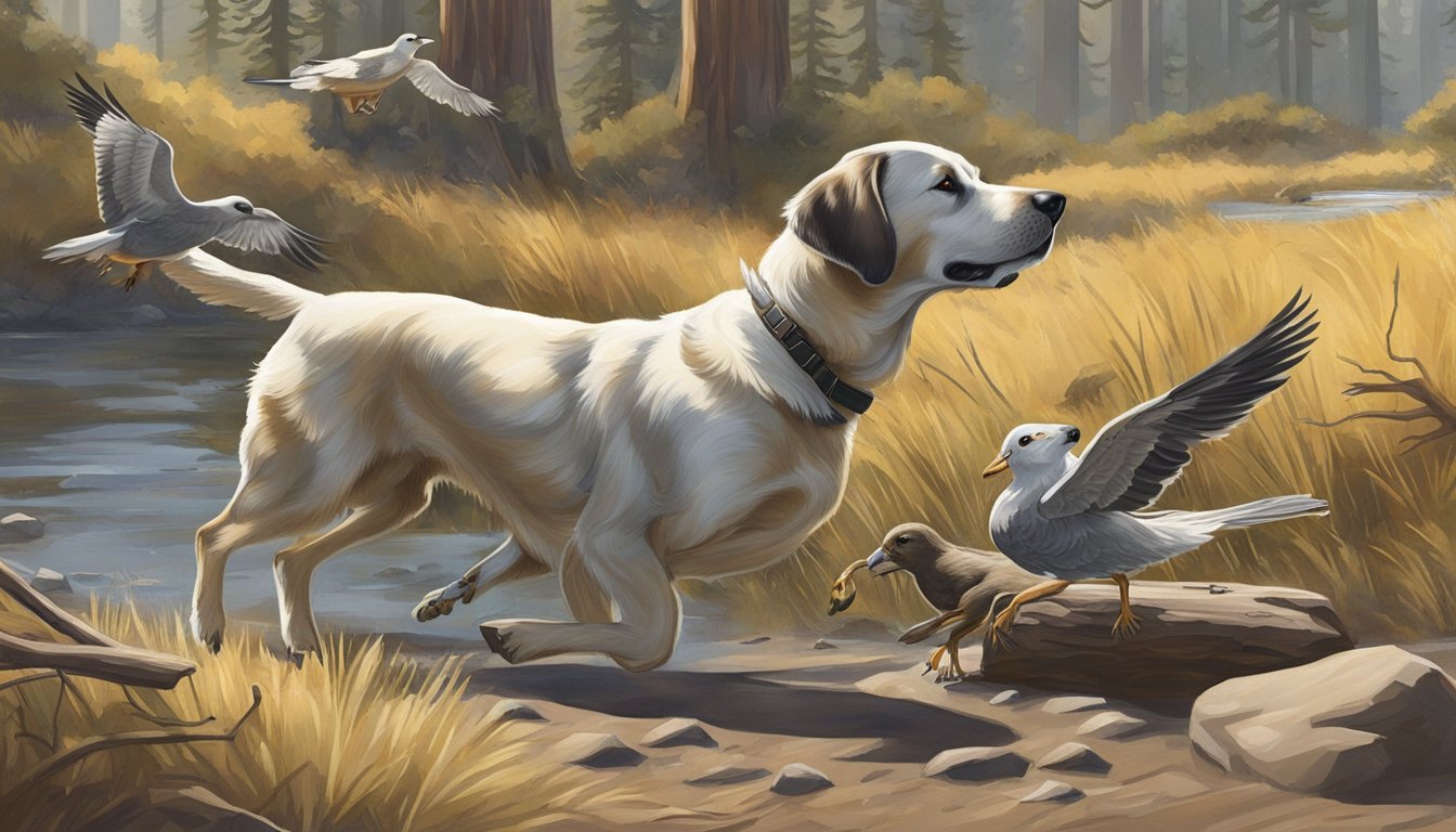 A hunting dog obediently retrieves a fallen bird in the California wilderness