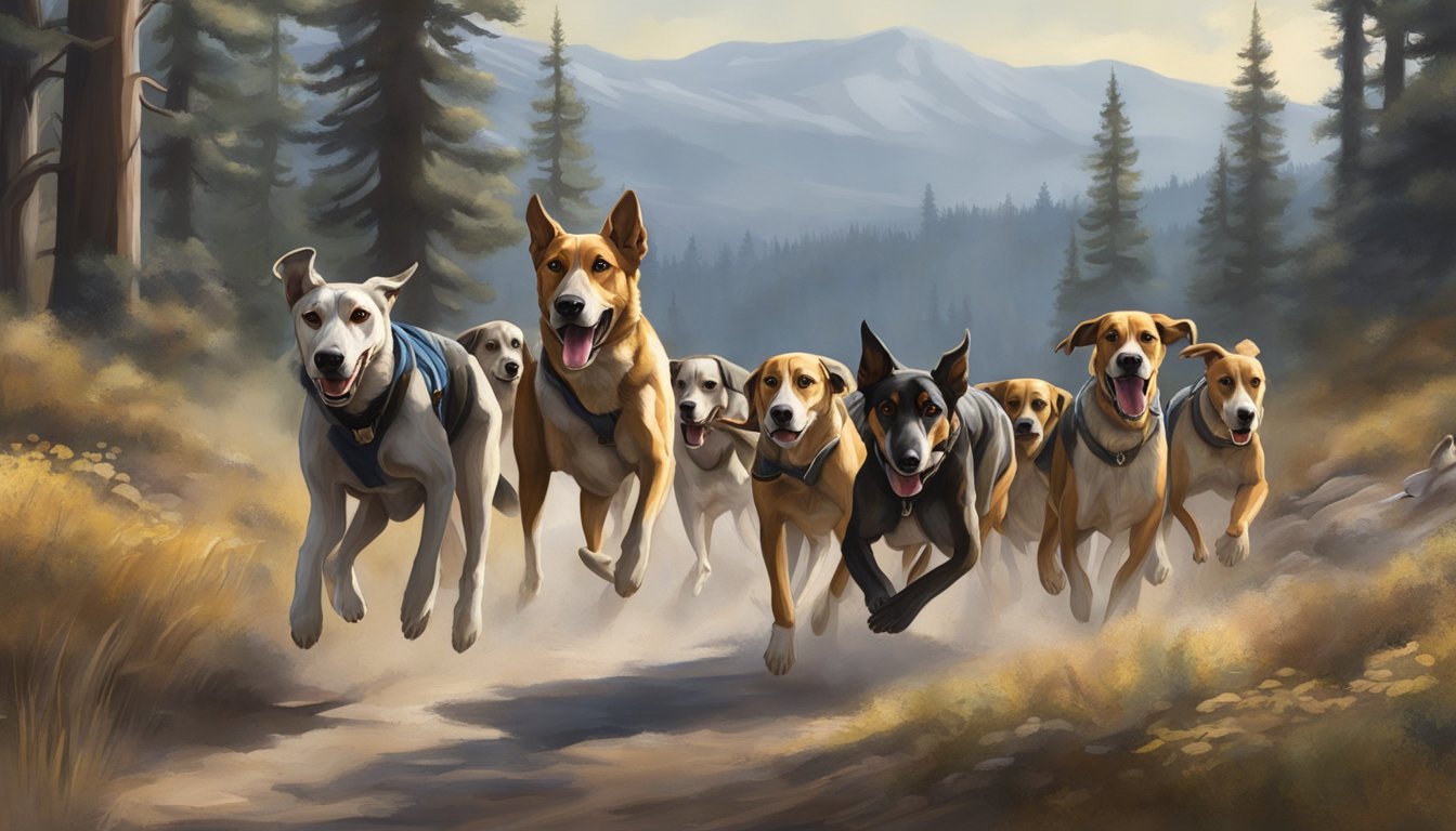 A pack of hounds pursuing prey through the California wilderness