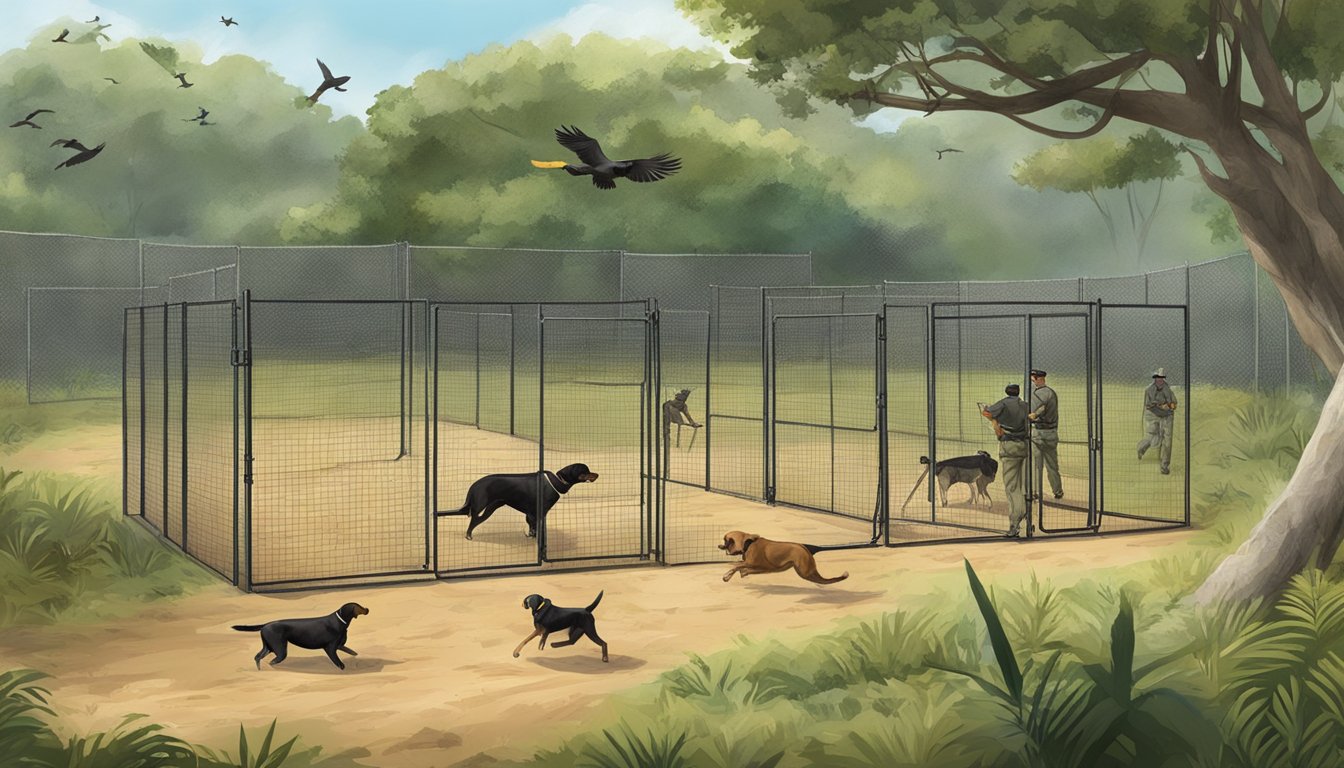 A gun dog training field in Puerto Rico with obstacles, birds, and trainers