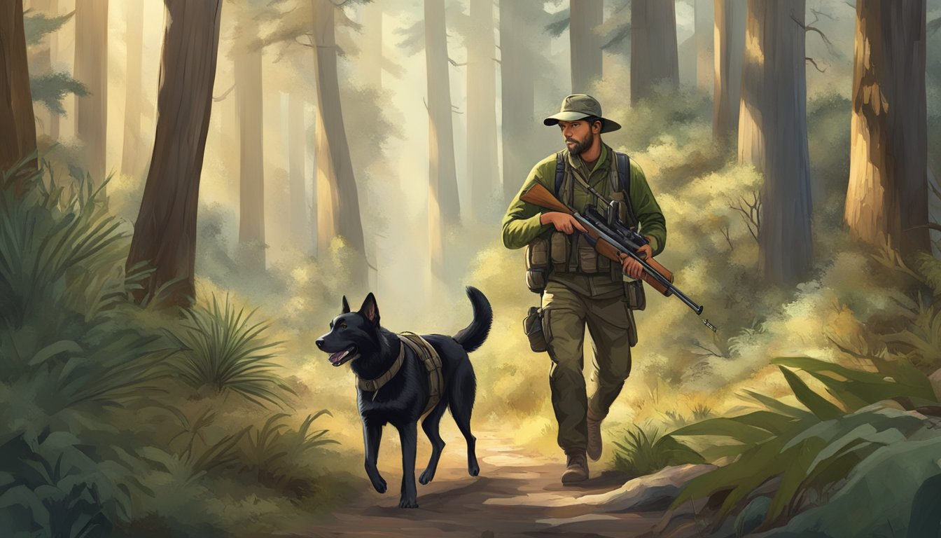 A hunter and his dog trek through a California forest, surrounded by diverse wildlife and lush vegetation. The hunter carries a rifle, while the dog eagerly sniffs the ground