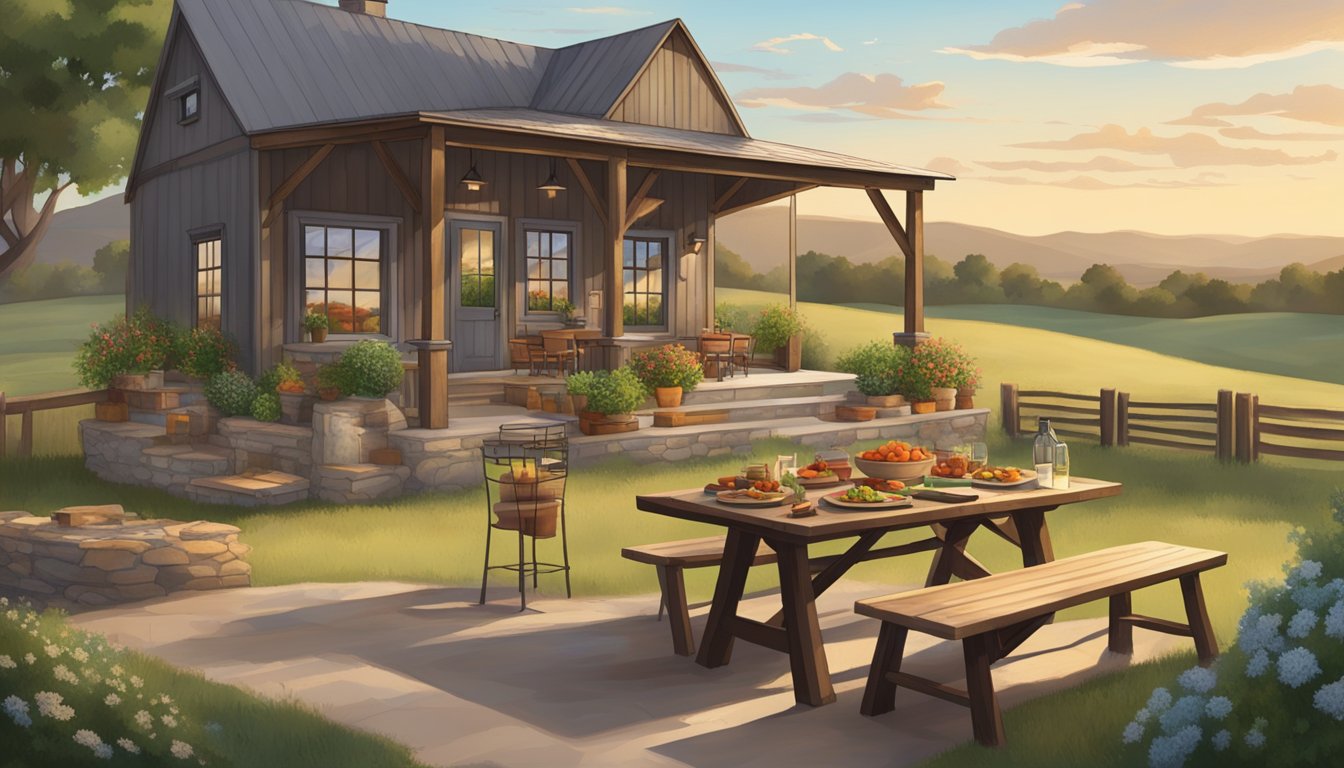 A rustic Texas farmhouse surrounded by rolling hills, with a table set for a gourmet outdoor meal featuring local BBQ and Tex-Mex cuisine