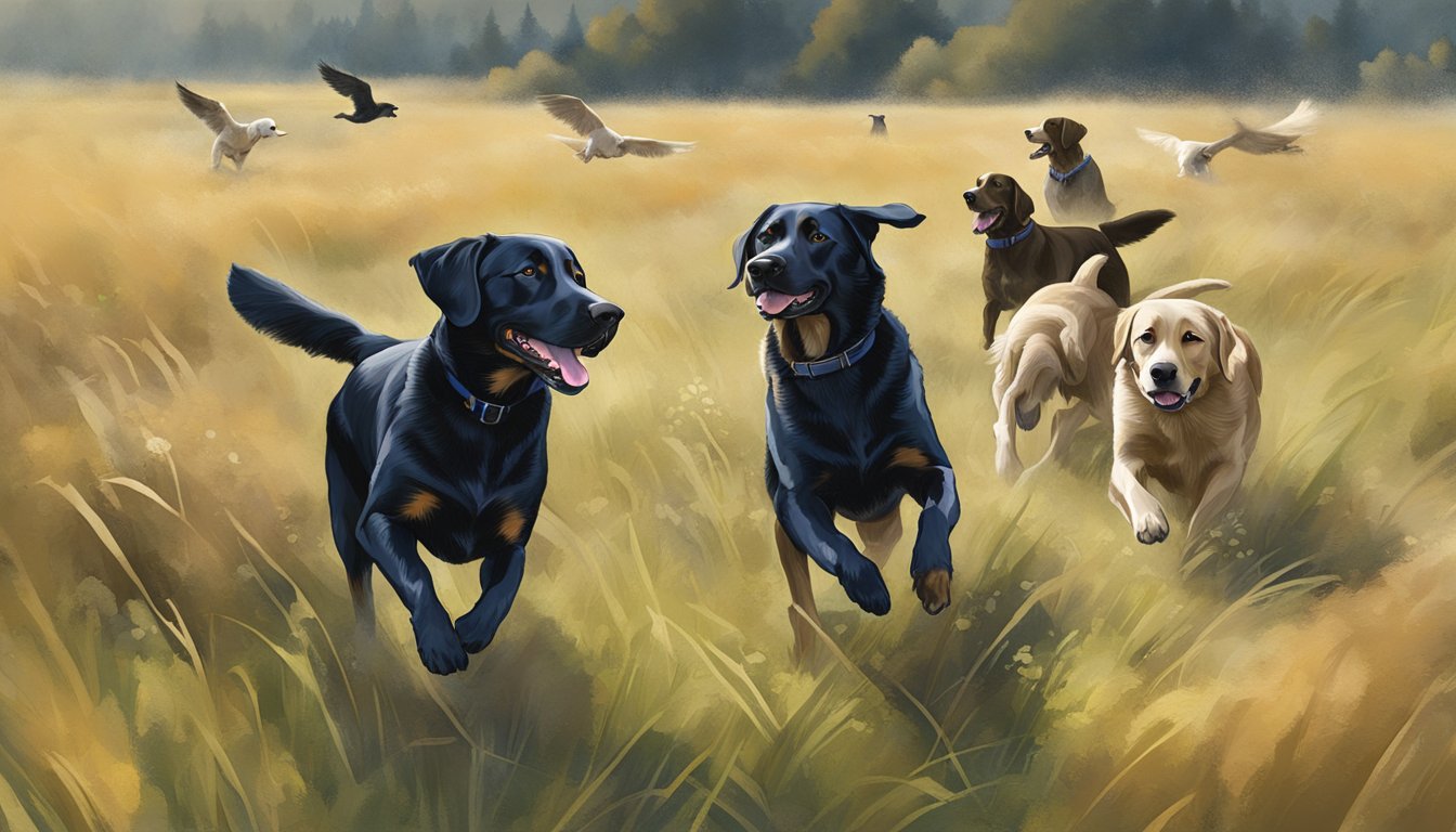 A group of gun dogs training in an open field in Oregon. They are eagerly retrieving objects and responding to their trainer's commands