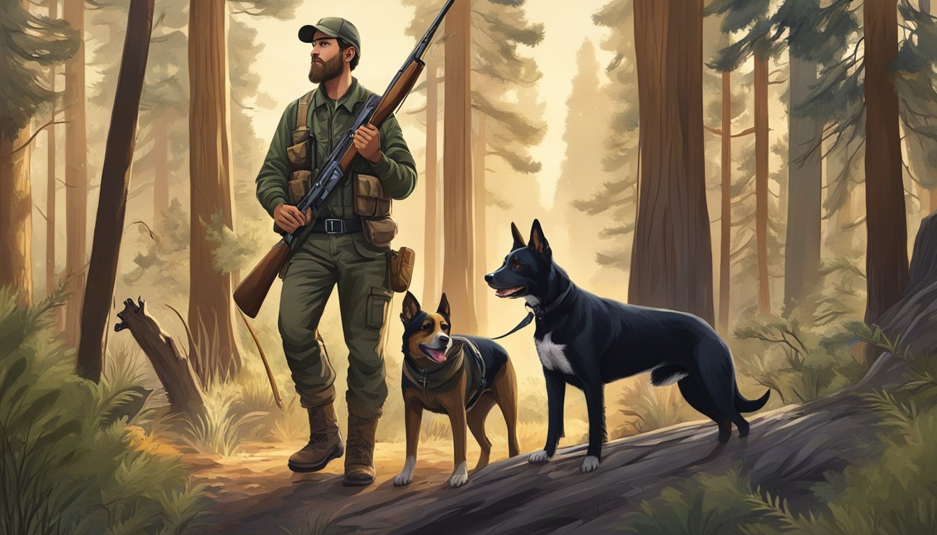 A hunter with a dog in a California hunting zone, surrounded by trees and wildlife