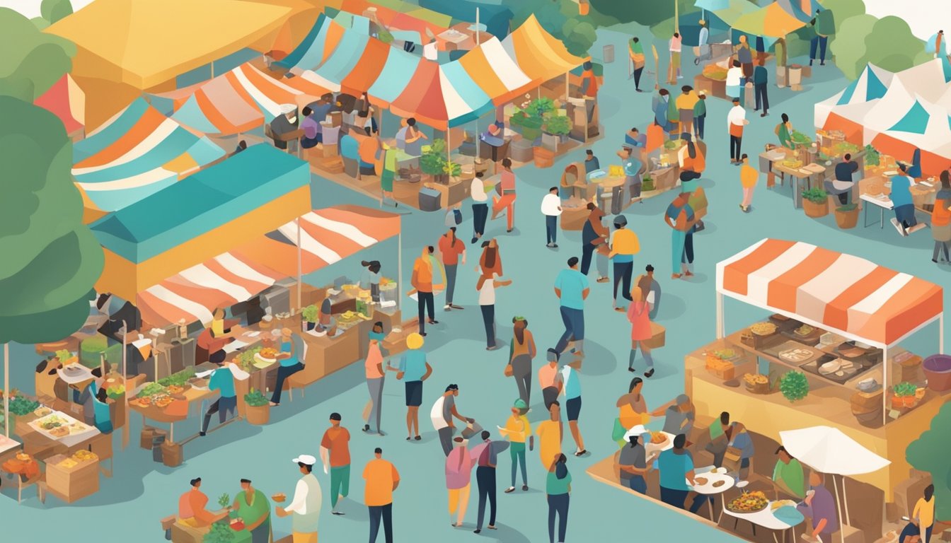 A bustling outdoor food festival in Texas, with colorful tents, live music, and people enjoying gourmet dishes and local cuisine