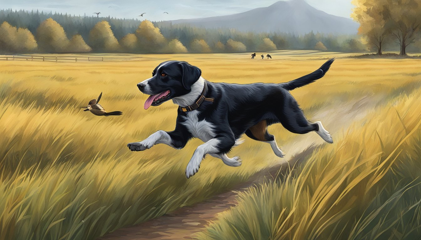 A gun dog running through a field, retrieving a bird, with a trainer giving commands in Oregon