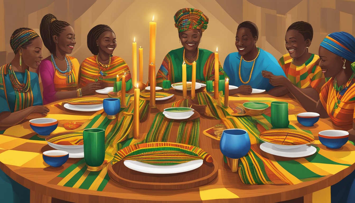 A festive table adorned with kente cloth, unity cup, and seven candles representing the principles of Kwanzaa, surrounded by joyful community members