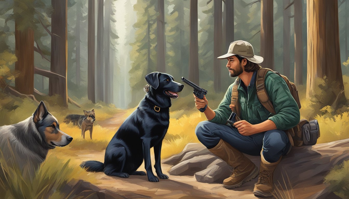 A hunter in California holding licenses and permits, accompanied by a dog, surrounded by forest and wildlife