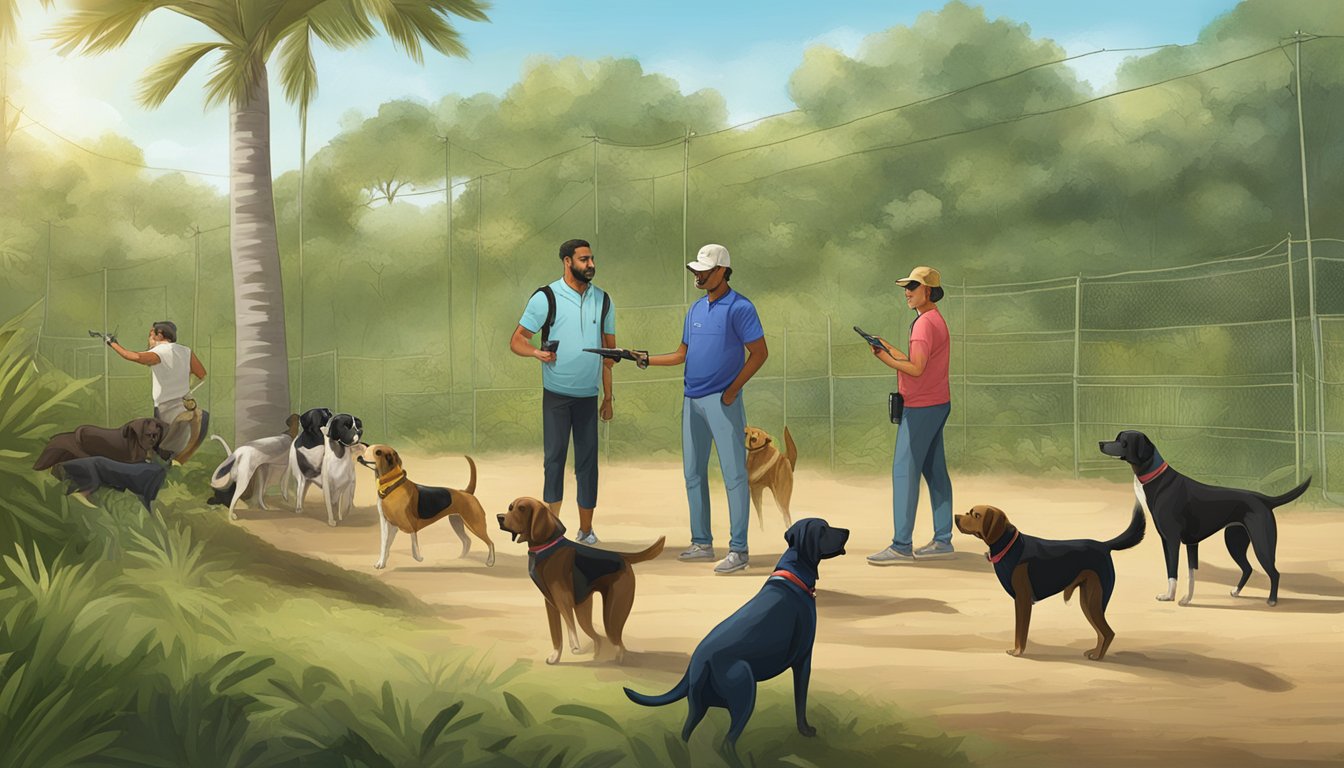 A gun dog training field in Puerto Rico, with trainers using technology to teach dogs