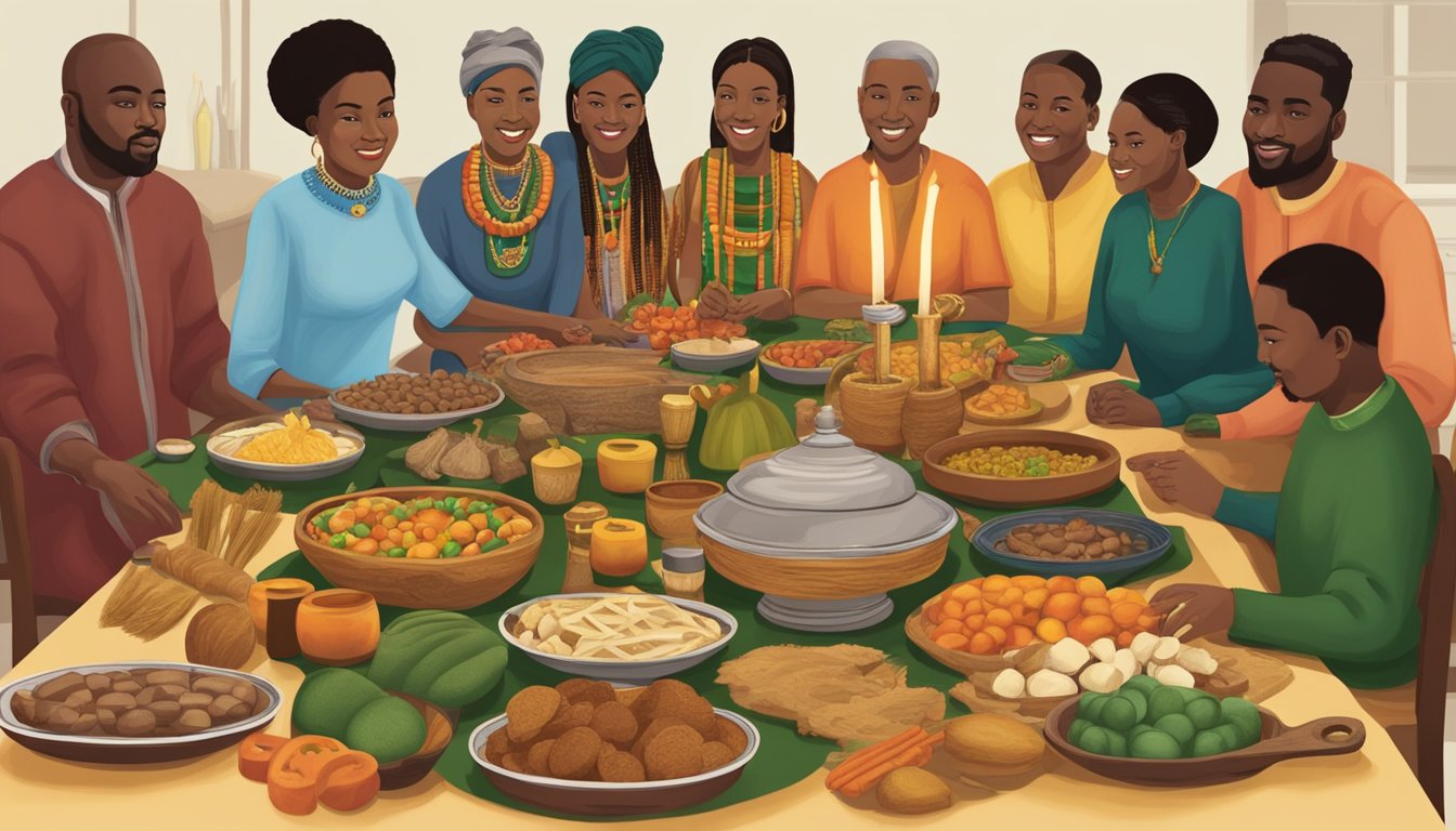 A table set with kinara, mkeka, mazao, kikombe cha umoja, and other traditional Kwanzaa items, surrounded by family members