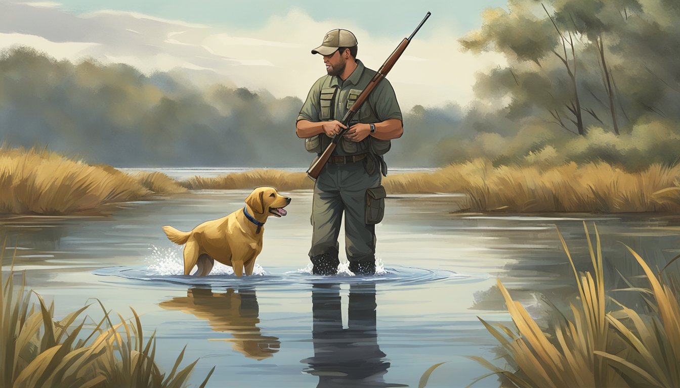 A gun dog trainer instructs a Labrador retriever to retrieve a duck from the calm waters of a Puerto Rican marsh