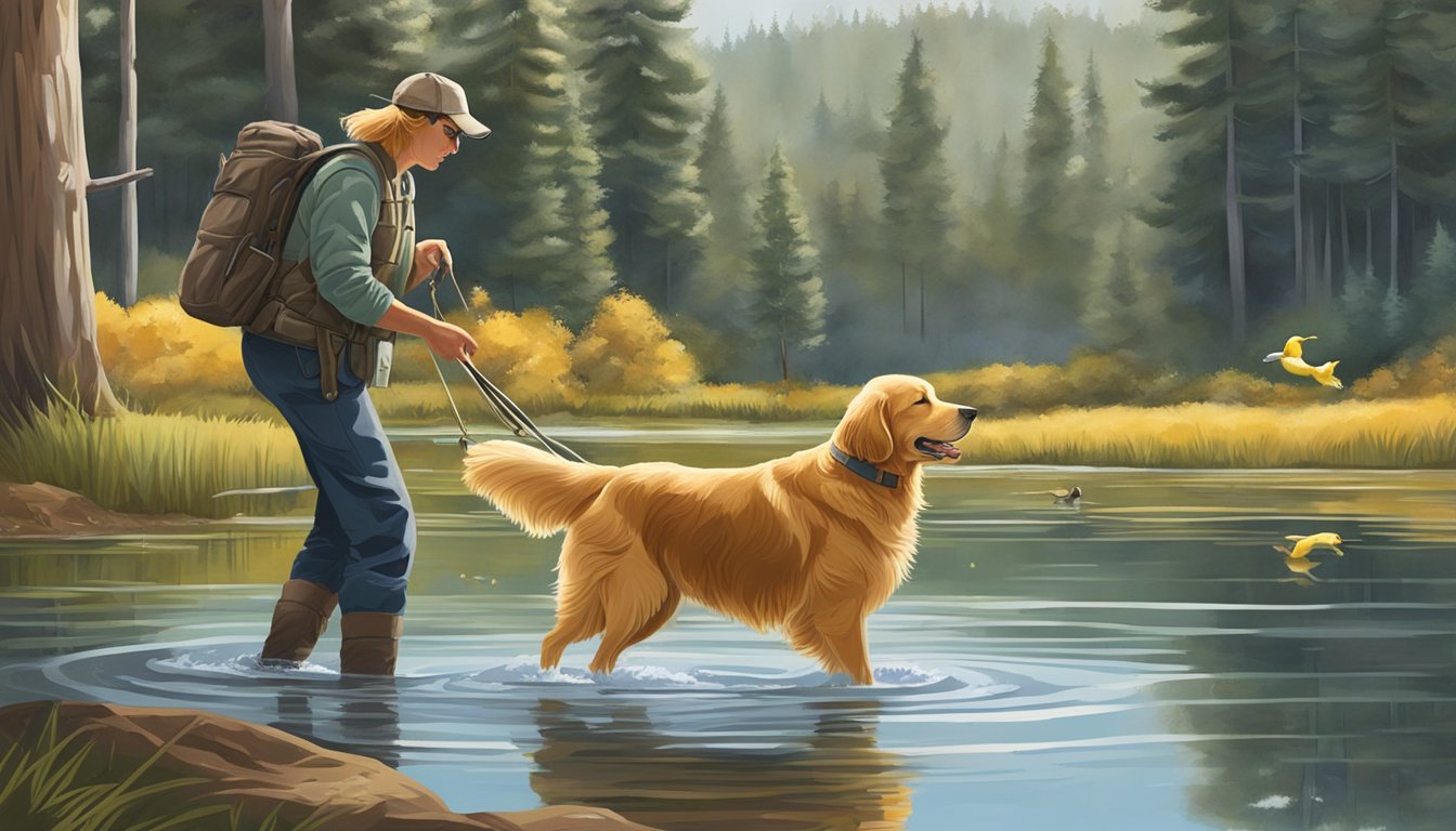 A golden retriever retrieves a duck from a pond as a trainer looks on, surrounded by the Oregon wilderness