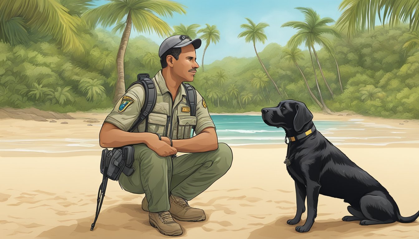 A gun dog trainer in Puerto Rico optimizes content for readers and search engines amidst lush tropical foliage and a sandy beach backdrop