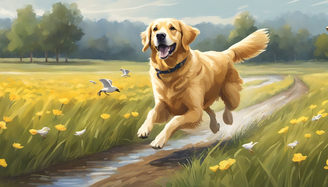 A retriever dog running through a field with a duck in its mouth, with a trainer in the background giving commands