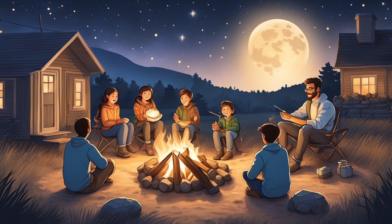 A family gathered around a campfire, roasting marshmallows and sharing stories under the starry Texas sky