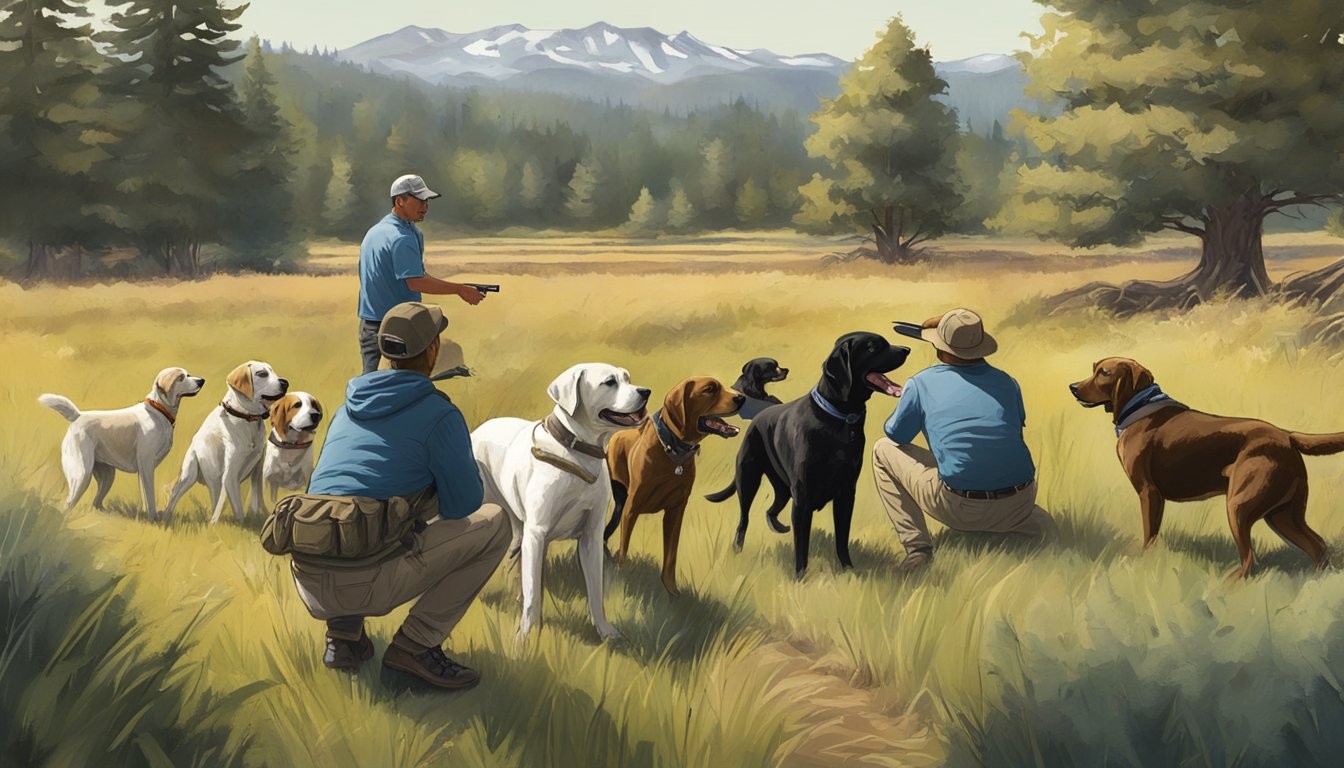 A field in Oregon with a trainer instructing gun dogs to retrieve and obey commands