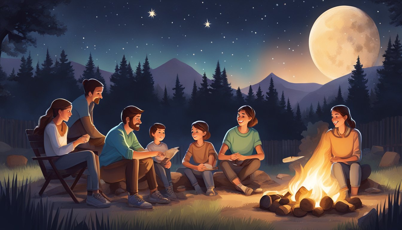 A family gathered around a campfire, roasting marshmallows and sharing stories under the starry Texas sky