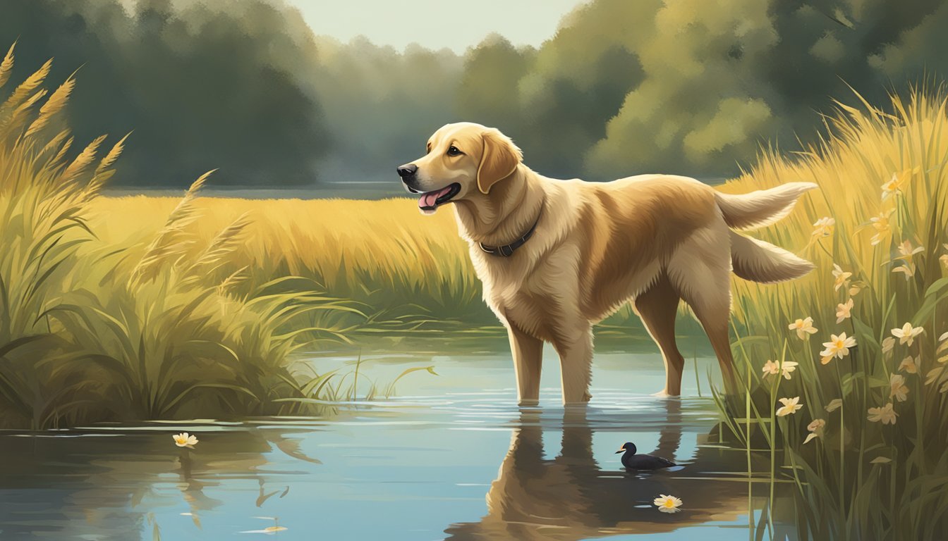 A retriever dog carrying a duck in its mouth, standing in a field with tall grass and a pond in the background