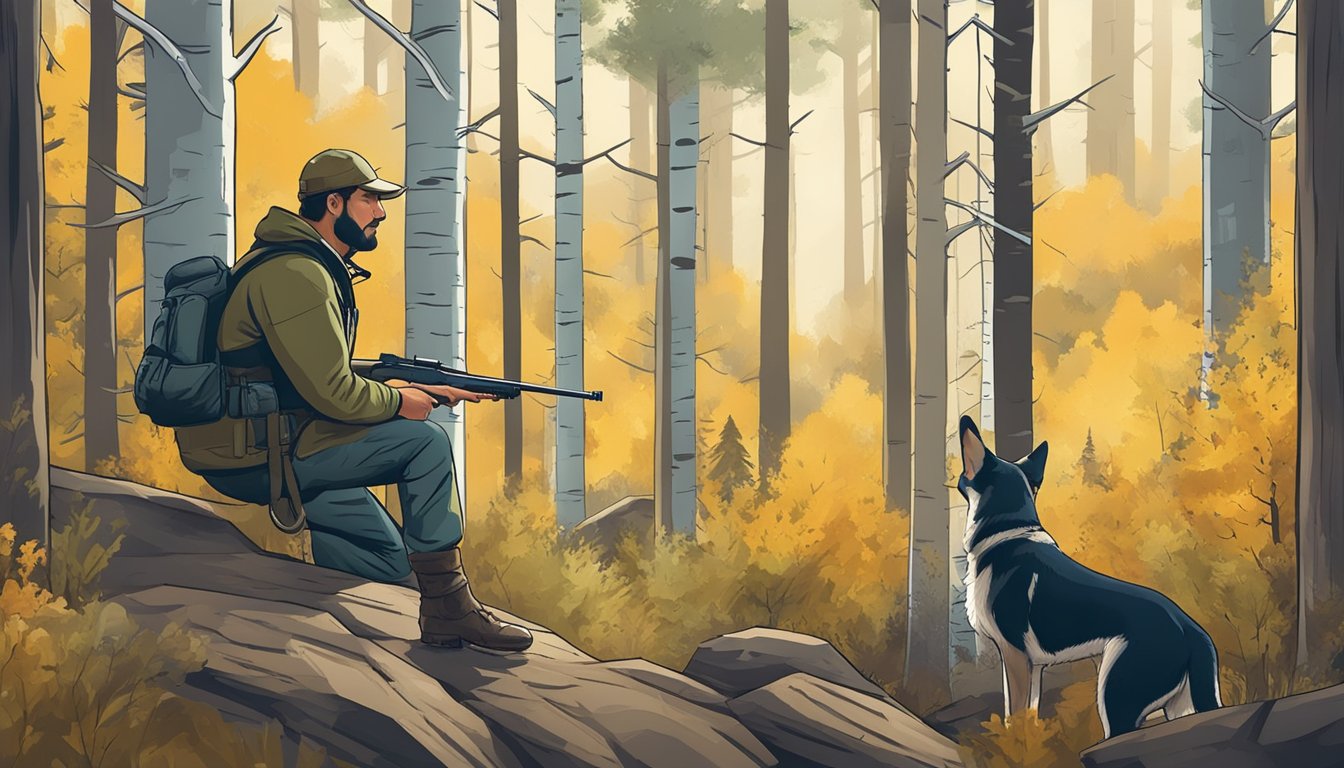 A hunter with a dog in a Colorado forest, following regulations for hunting with dogs