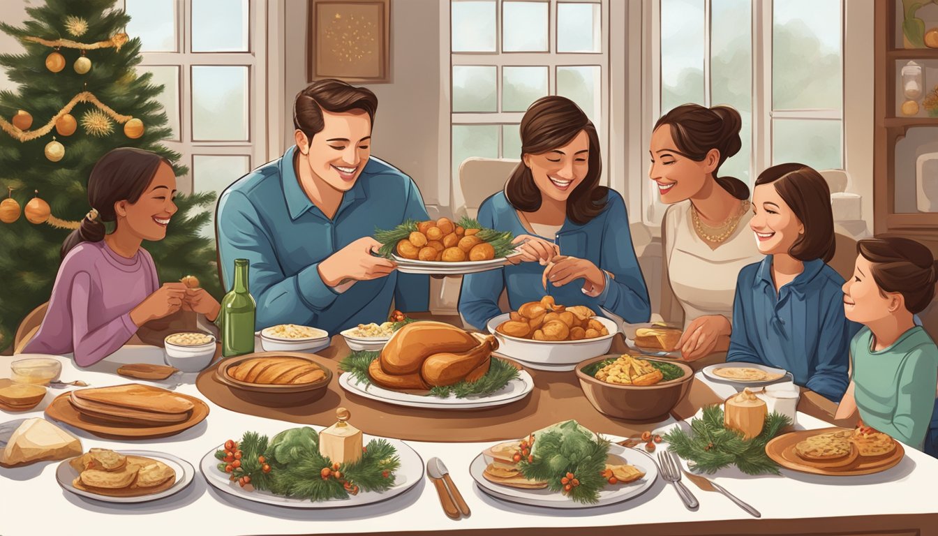 A family gathered around a festive table, with traditional Texan holiday decorations and dishes, creating their own unique seasonal traditions