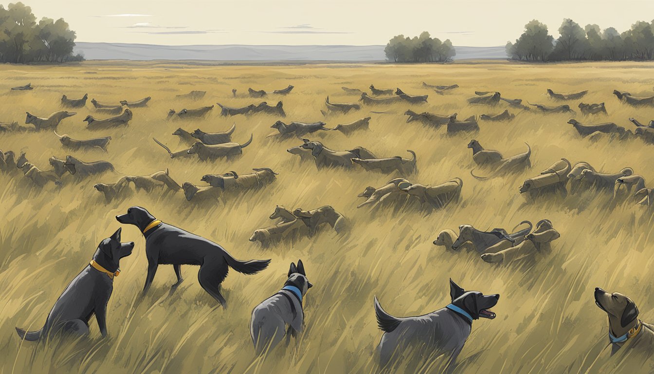 A field in South Dakota with dog training gear: whistles, decoys, retrieving dummies, and training collars scattered on the ground