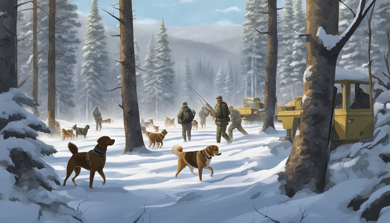 Dogs and hunters in a snowy Colorado forest, training and preparing for a hunt