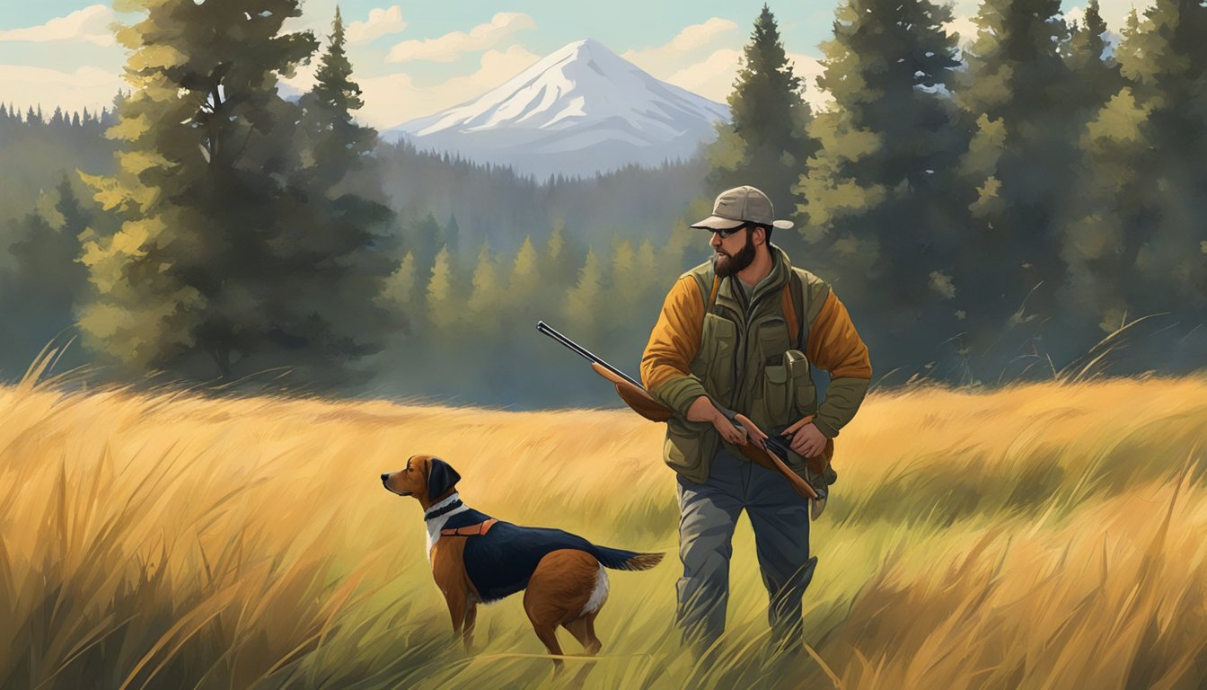 A hunter in Oregon trains a pheasant hunting dog in a grassy field, with trees in the background