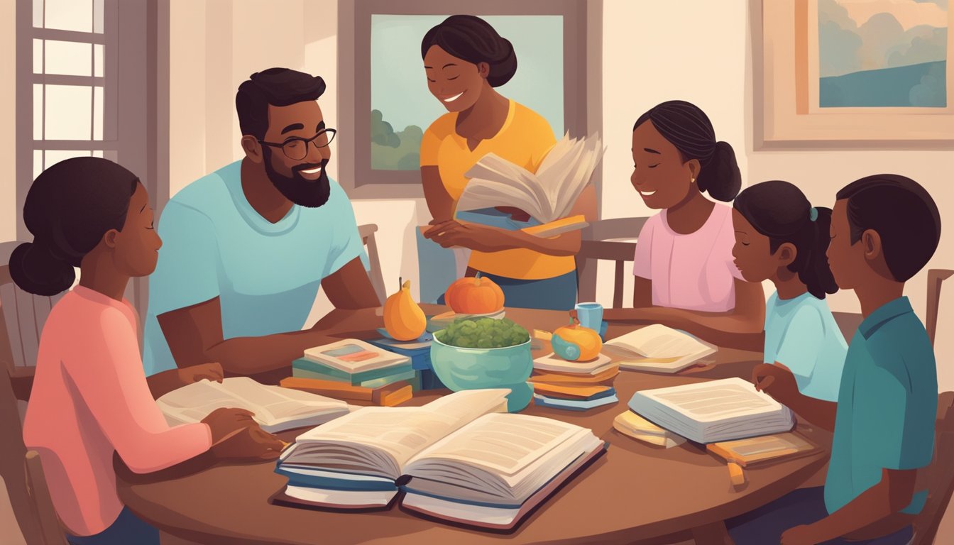 A family gathers around a table, sharing stories and passing down cultural traditions. Books, art, and music reflect their educational values