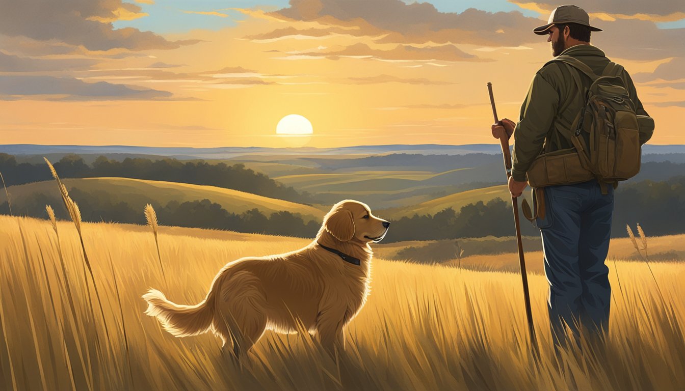 A golden retriever waits eagerly beside a hunter's gear in a South Dakota field. The early morning sun casts a warm glow over the rolling hills and tall grass