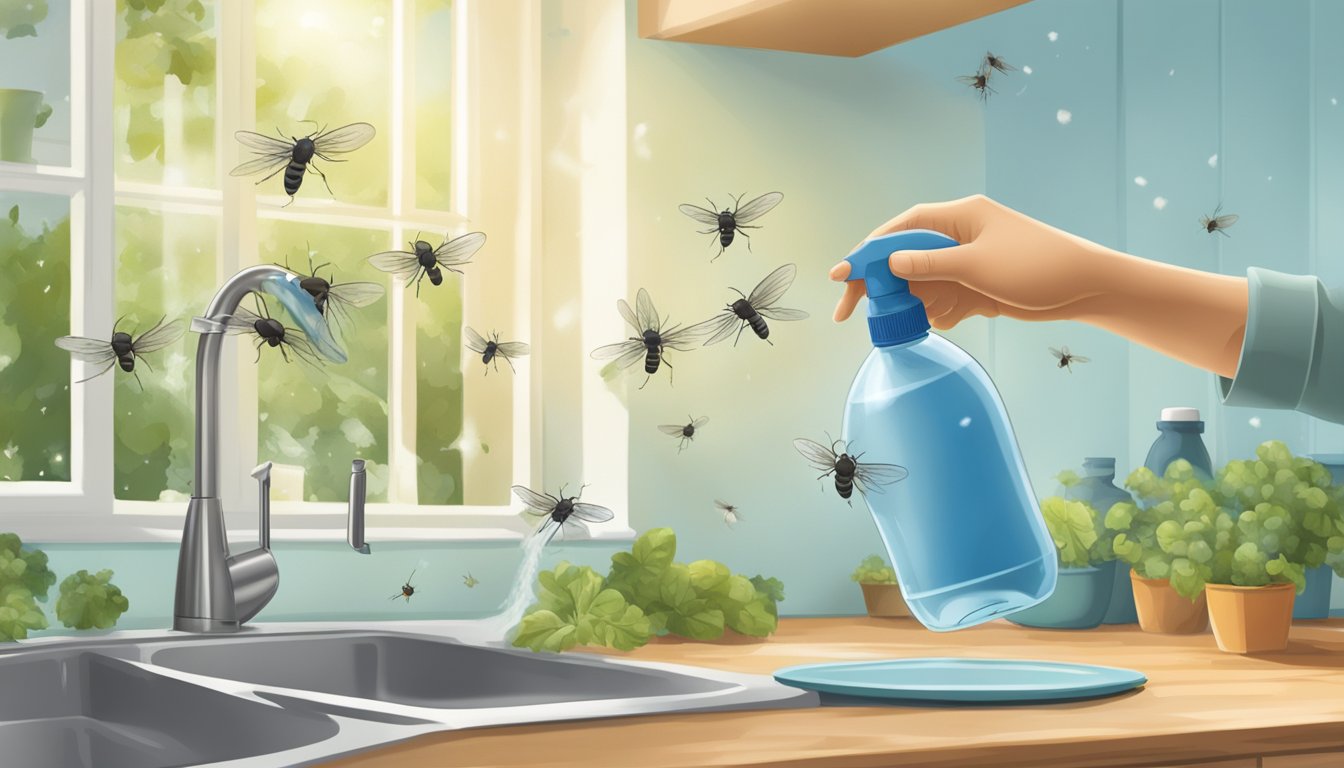 A hand reaching for a spray bottle, aiming at a swarm of gnats in a kitchen or garden