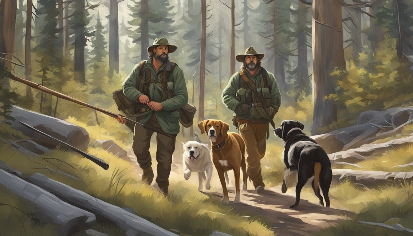 Dogs and hunter on the hunt in a Colorado forest